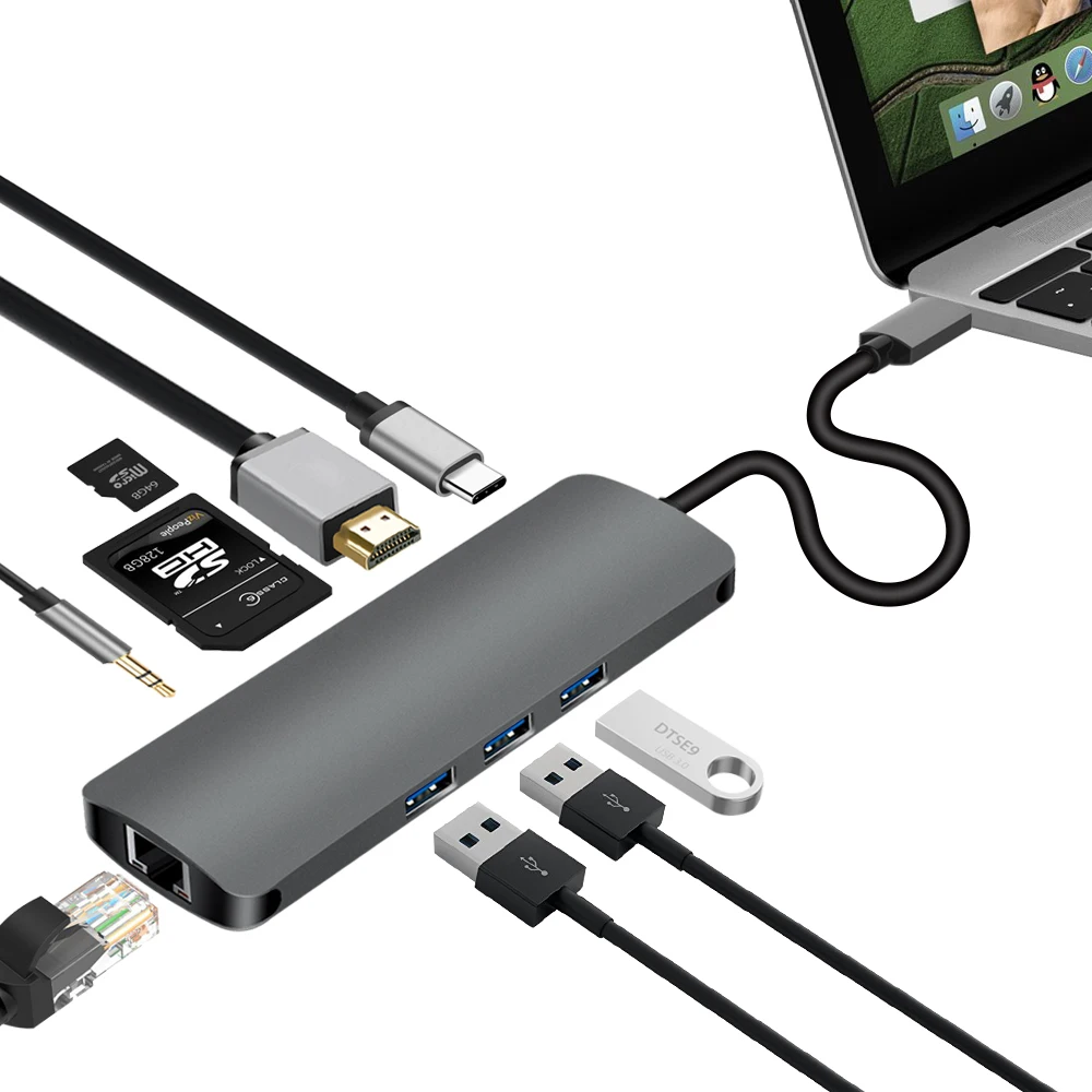 DZLST usb-хаб сплиттер 9 в 1 к HDMI RJ45 Gigabit Ethernet Тип C PD Зарядка 4 к видео HD аудио для Macbook DELL Galaxy S9+/S8