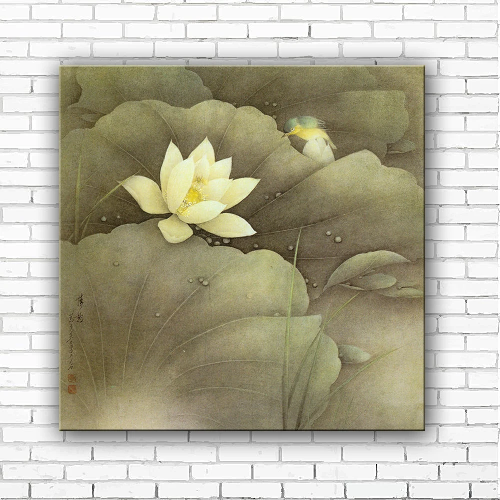 Белый цветок лотоса в китайском стиле птица Ночной пейзаж печать на холсте