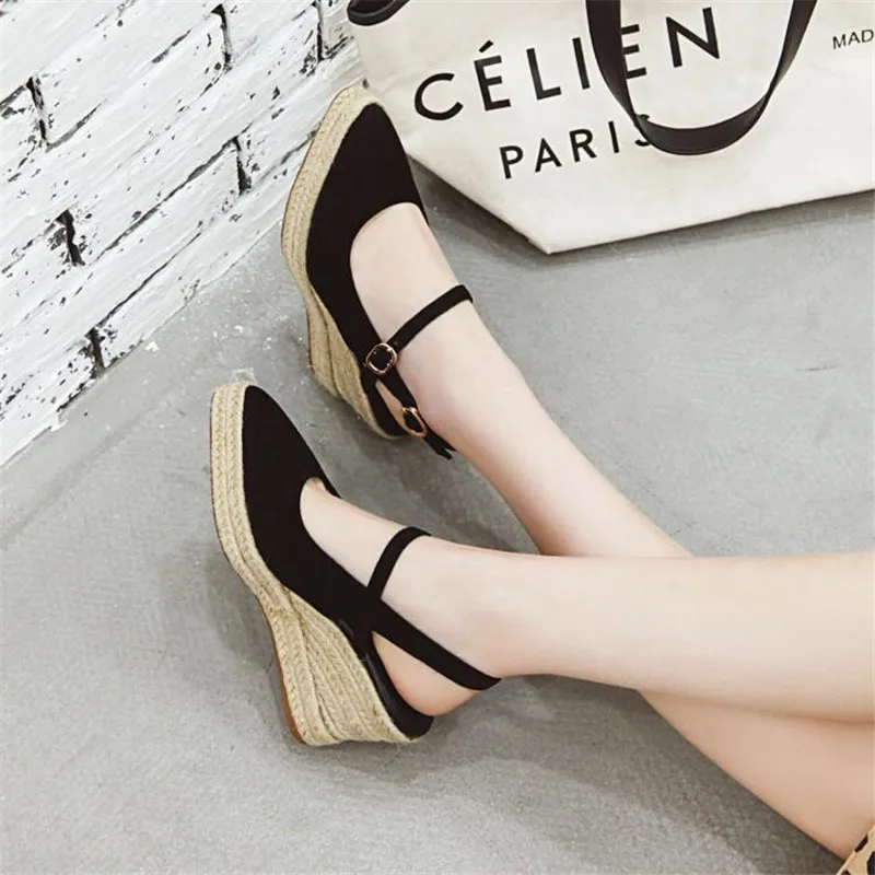 

2019 spring and summer new buckle strap wedge sandals 8cm high heel fashion sandals female large size women pumps shoes 31-44