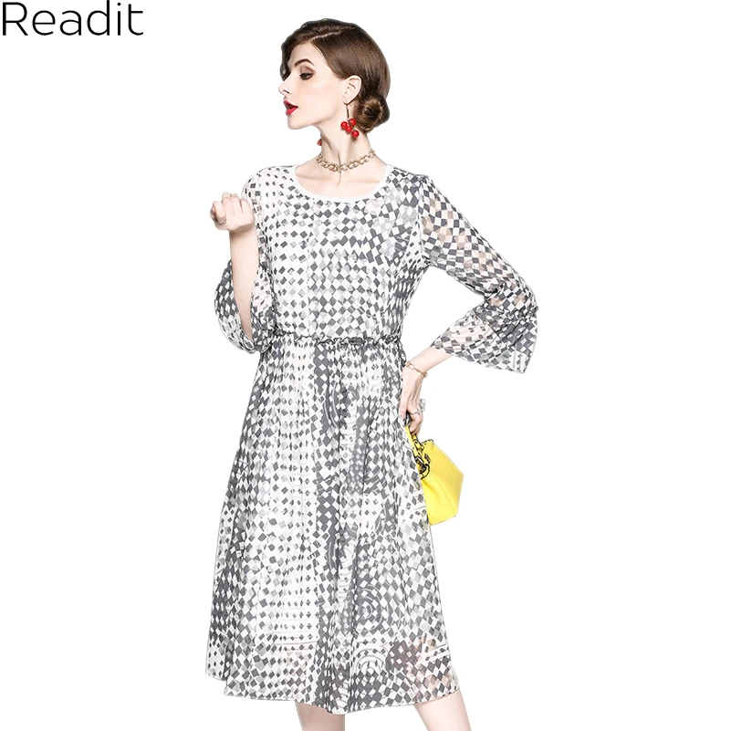 Readit с расклешенными рукавами платье 2018 весенние женские Серый Белый в клетку 3/4