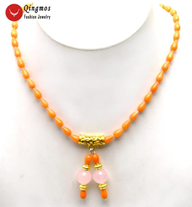 Qingmos Trendy Orange Coral Chokers Necklace for Women with 5*9mm Drop Natural and Jades 17&quot Pendant &amp Necklace-nec5865 | Украшения