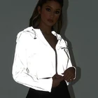 Светоотражающий бумбер с капюшоном, женская ночная светящаяся короткая куртка, пальто, уличная одежда, Женская голографическая верхняя одежда на молнии с длинным рукавом