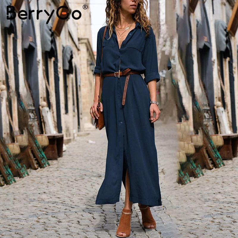 Женское винтажное офисное платье BerryGo длинное армейского зеленого цвета на