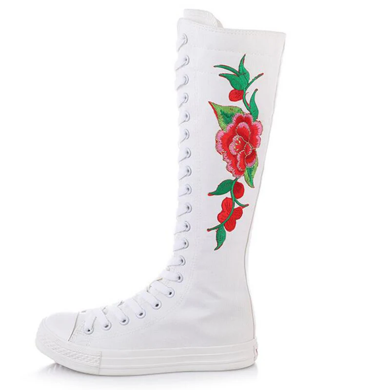 white red COVOYYAR/Новинка года; сапоги до колена; женская парусиновая обувь; модные женские сапоги на платформе с вышивкой; облегающая танцевальная обувь на шнуровке; WBS923 - Цвет: white red