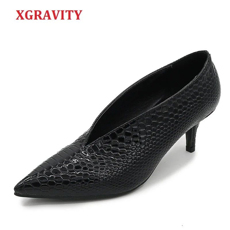 XGRAVITY 2021 новые туфли из змеиной кожи с острым носком Элегантные модные женские на