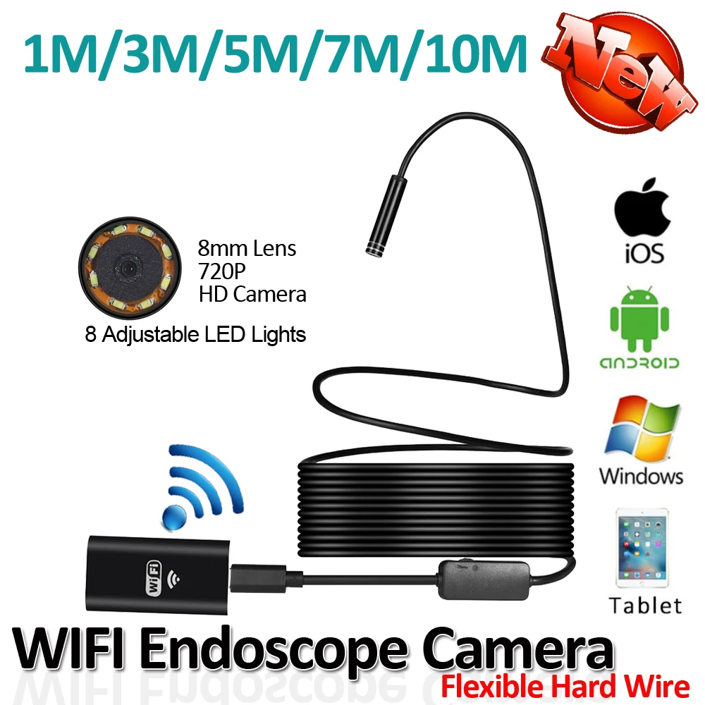 HD720P 2MP 8LED 8 мм объектив Гибкая Змея Жесткий провод USB wifi Android Iphone эндоскоп камера 10 м