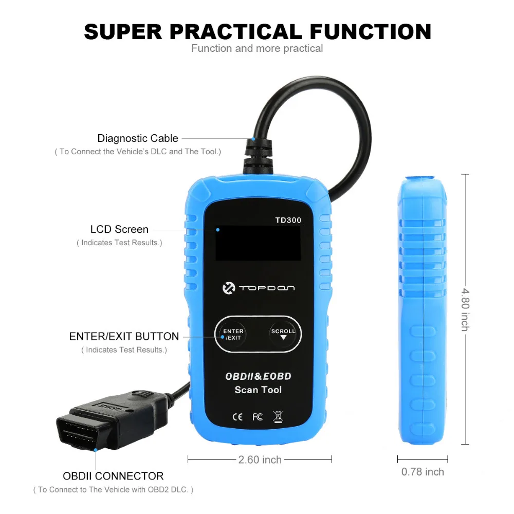 TOPDON автомобиль и светильник OBD2 код читателя TD300 диагностический инструмент сканирования чтение I/M готовности и выключение MIL