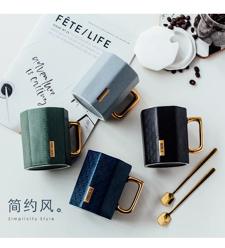 Japanese simple ceramics Mark Cup INS Women's Creative Office Couple coffee cups Home water mug with cover spoon