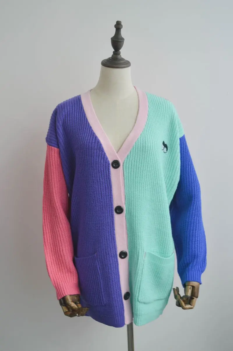 Vintage lazy oaf cropped sweater Cardigans rainbow block patchwork Button Folk Embroidered cardigan vintage knitted Winter |