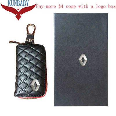 Black with logo box KUNBABY топ из натуральной кожи сумка для ключей автомобиля чехол кошельки Модные Женские ключницы держатели Carteira для Renault - Название цвета: Black with logo box