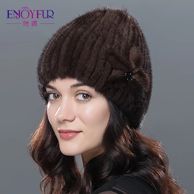 02 ENJOYFUR, женские зимние меховые шапки, меховая шапка из натуральной норки, толстая, теплая, модная, вязанная меховая шапка, женские шапки хорошего качества - Цвет: 02