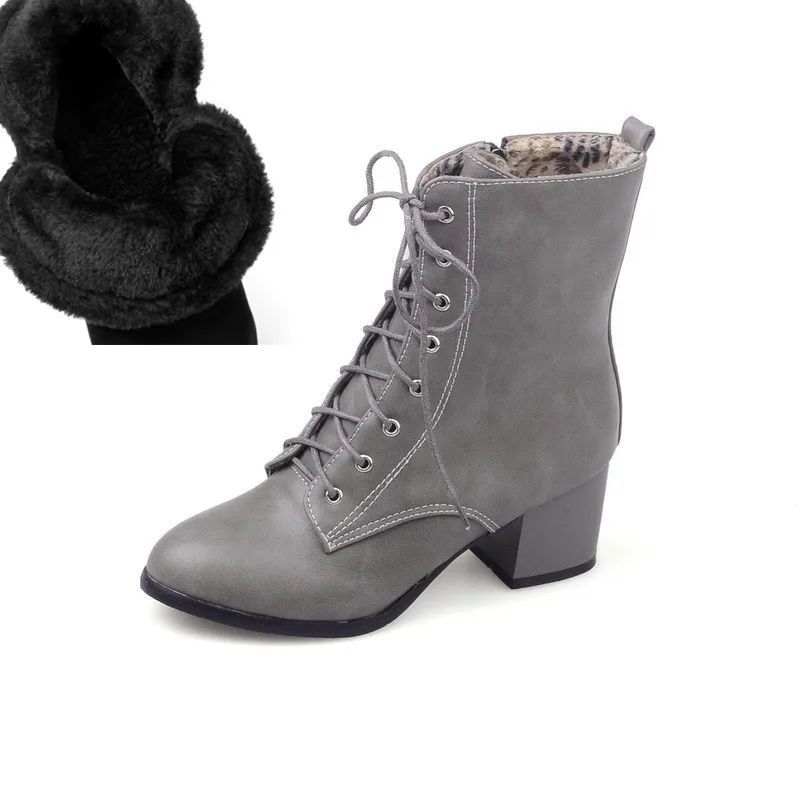 gray winter RYVBA/; женские ботильоны; женские ботинки на квадратном каблуке; сезон осень-зима; Женская рабочая обувь с перекрестной шнуровкой и круглым носком; большие размеры - Цвет: gray winter