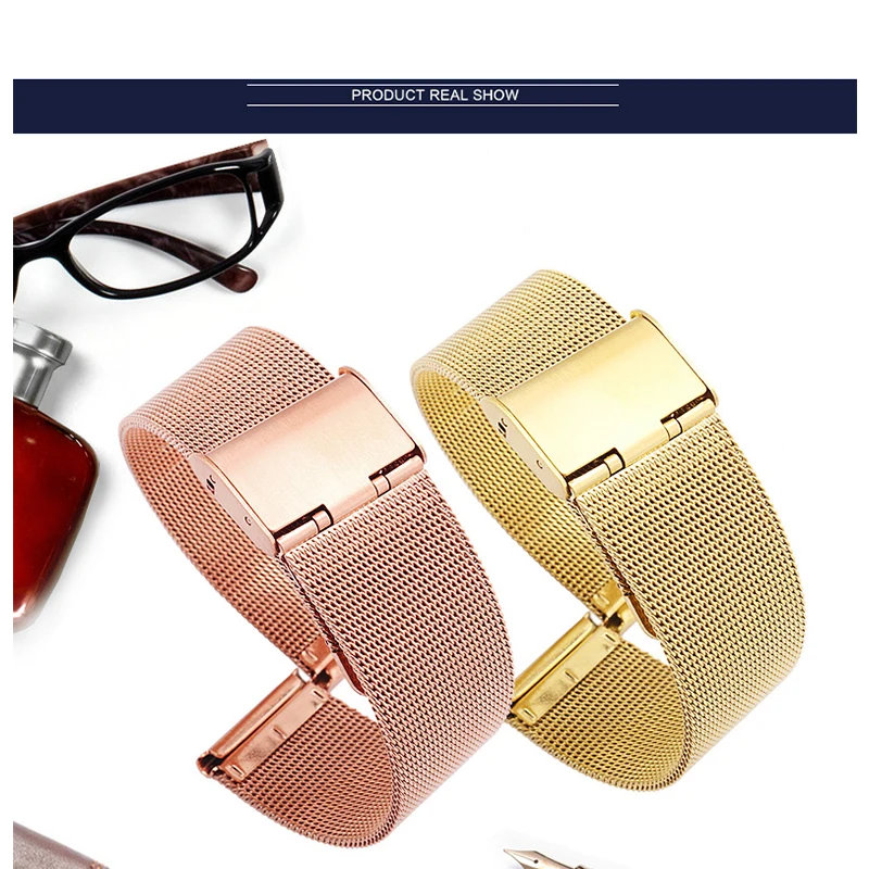Milanese Watchband Universal Stainless Steel Metal WatchBand Strap Bracelet Black Rose Gold Silver 12 14 16 18 20 22 24mm