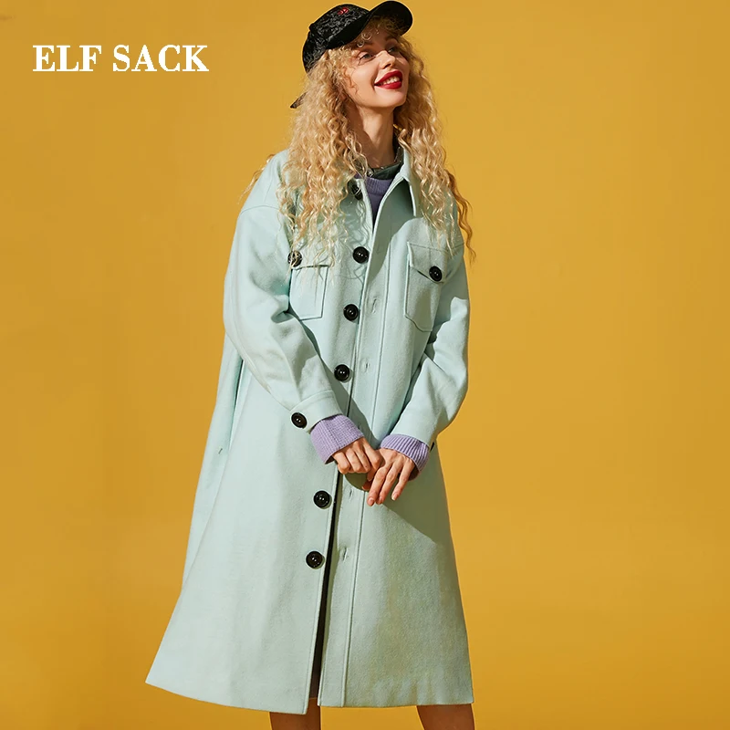 Женское шерстяное пальто ELFSACK элегантное плотное с отложным воротником Длинная