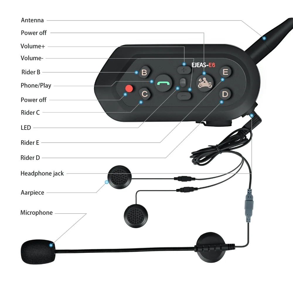 

EJEAS 2PCE 1200m E6 Motorcycle Intercom Bluetooth Communication System Moto Helmet Headset Skiing Motorcycle Inerphone