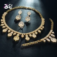 be 8 luxury gold color nigerian wedding flower shape cubic zirconia necklace dubai 4pcs dress jewelry set for party gifts s238