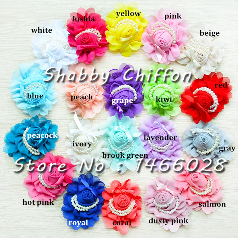 

60 pcs/lot , 5' 'pearl shabby chiffon flowers , headbands chiffon flowers