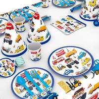 60pcsset construction trucks engineering cars party disposable tableware set plate straw birthday party decorations kids
