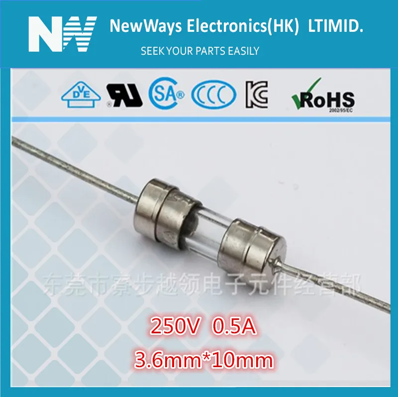 20PCS/Lot 0.5A Glass fast Fuse 3.6*10mm 0.5A 250V with lead wire Fuse