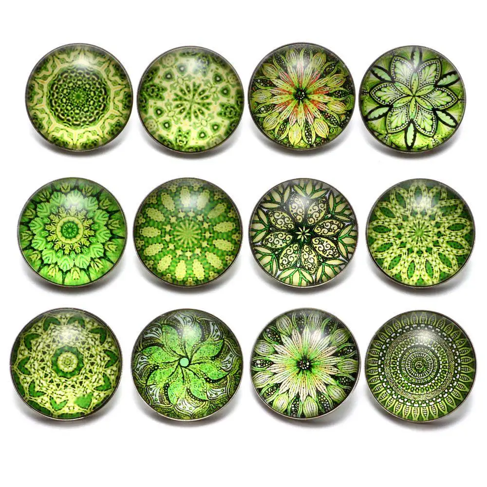12pcs/lot Green Series Theme Beautiful Exotic Pattern 18mm Snap Button Charms For Snaps Bracelet Jewelry KZ0622| |