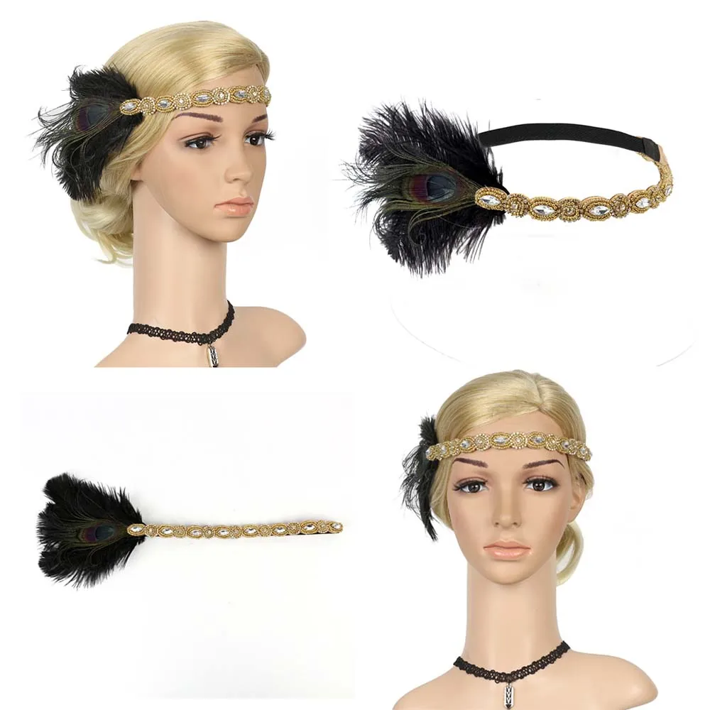 1920s Great Gatsby Хлопушки ободки люкс стразы головной убор с павлиньими перьями Хлопушки Девушка драгоценность Аксессуары для волос