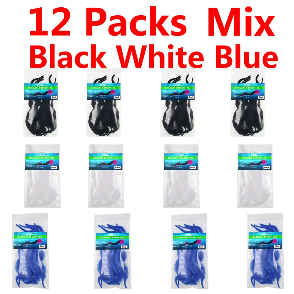 mix black white blue 12 упаковок x5шт/Сумка L Magnum Dragon Tail Щука соленая вода мухобойка материал стример стальная головка мухобойка хвосты - Цвет: mix black white blue