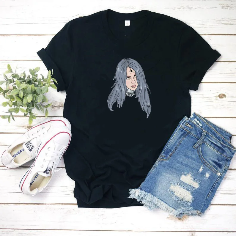 Billie Eilish черная футболка Повседневная Свободная Harajuku уличная Женская летняя с