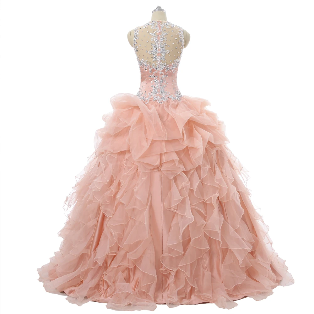 Персиковое недорогое бальное платье Quinceanera милое из органзы с кружевной