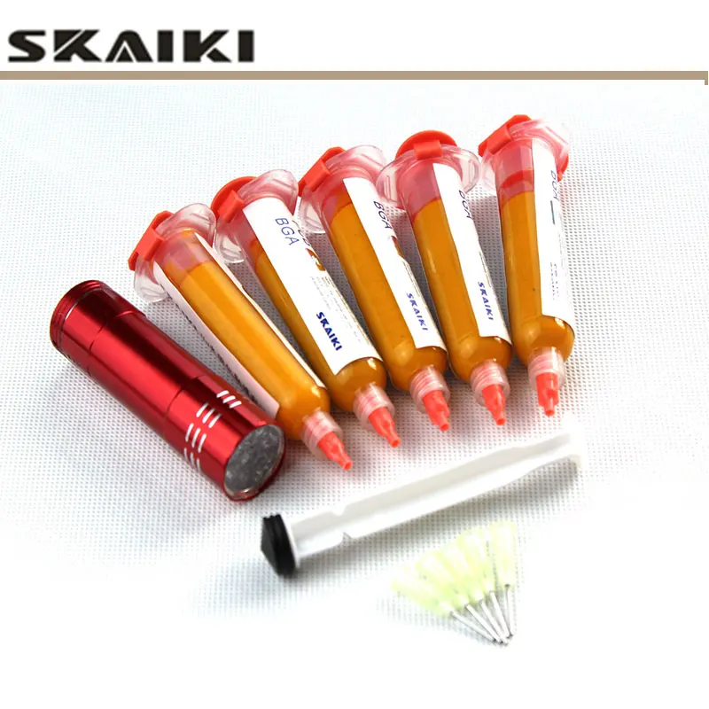 5pcs 10cc Yellow UV solder mask PCB BGA PAINT PREVENT CORROSIVE ARCING welding flux + piston+UV light+5 pcs needles | Инструменты