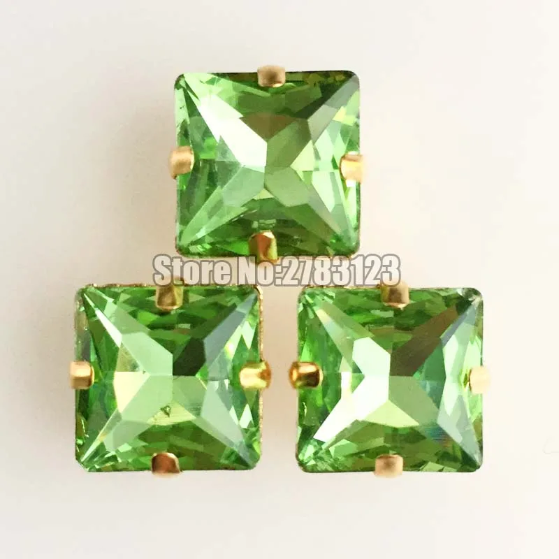 

12mm 14mm 20pcs light green Gold bottom Square shape flatback AAA Glass Crystal sew on claw rhinestones,Clothing accessories