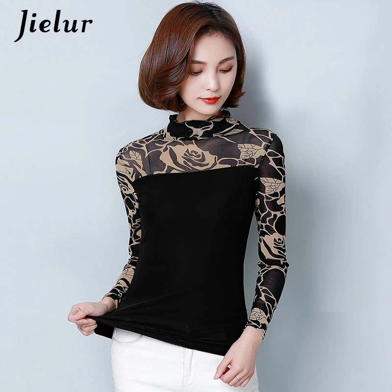 Jielur 2019 модная Осенняя женская футболка сетчатая с длинным рукавом Повседневная