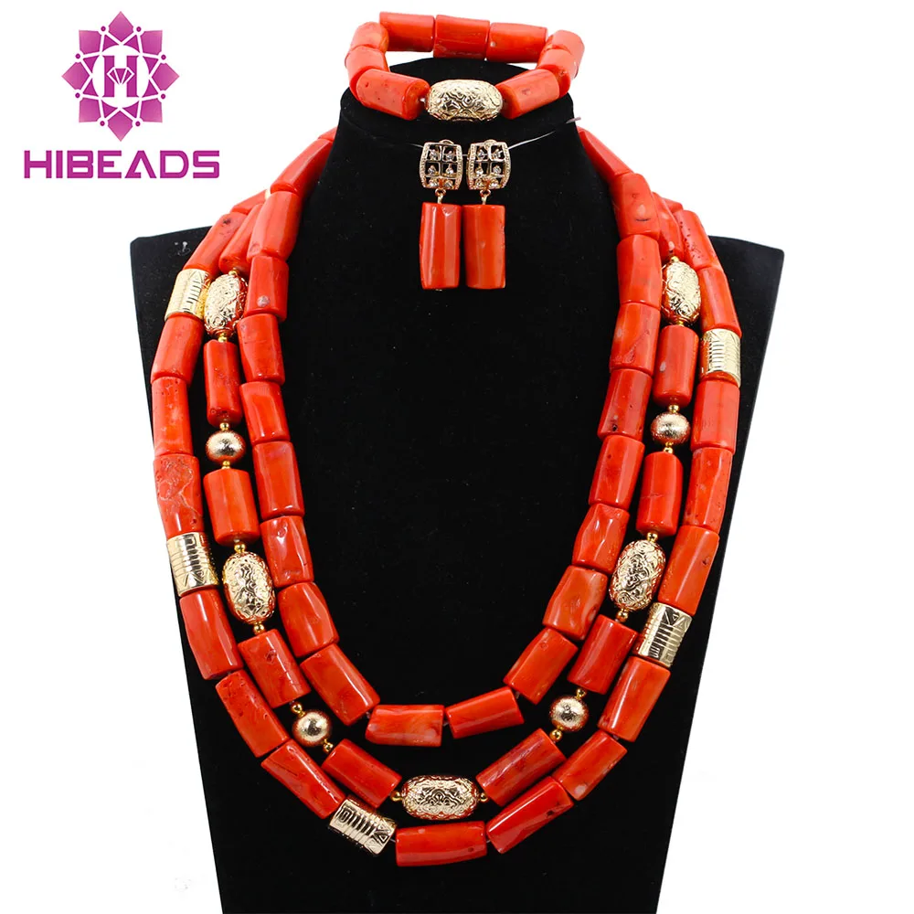 Новейшая оранжевый 3 ряда коралловый Бусины Jewelry в африканском стиле Свадебные/Для женщин Бусины Цепочки и ожерелья комплект ювелирных изделий cj872