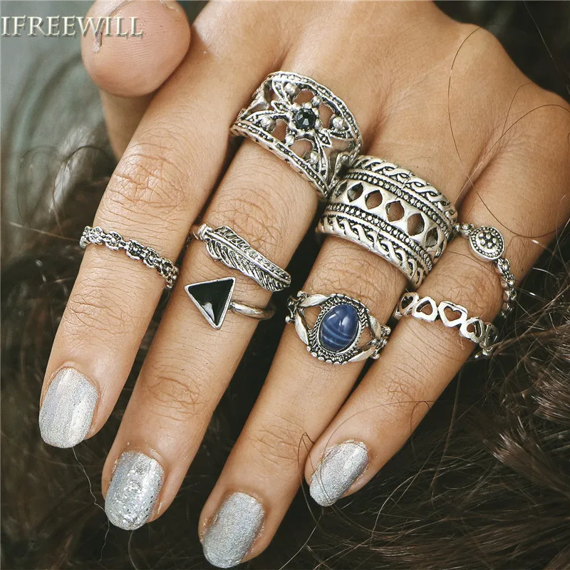IFREEWILL Metal Woman ring Set Trendy 7 piece suit Blue Natural stone joint fashion Jewelry Wholesale Party Gift | Украшения и