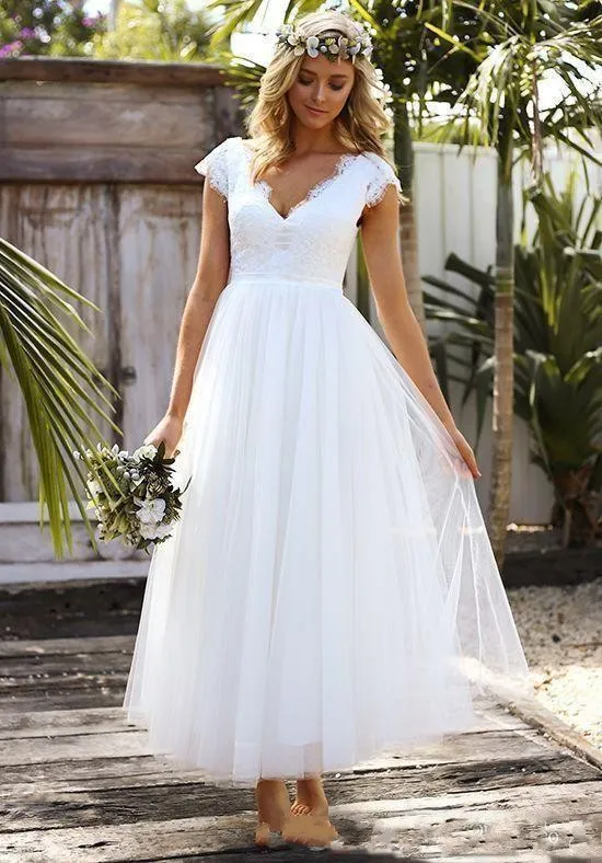 White Wedding Dresses Lace Tulle Bridal Gowns Ankle Length Vestidos De Novia V-neck Custom Made 2019 A-line | Свадьбы и торжества