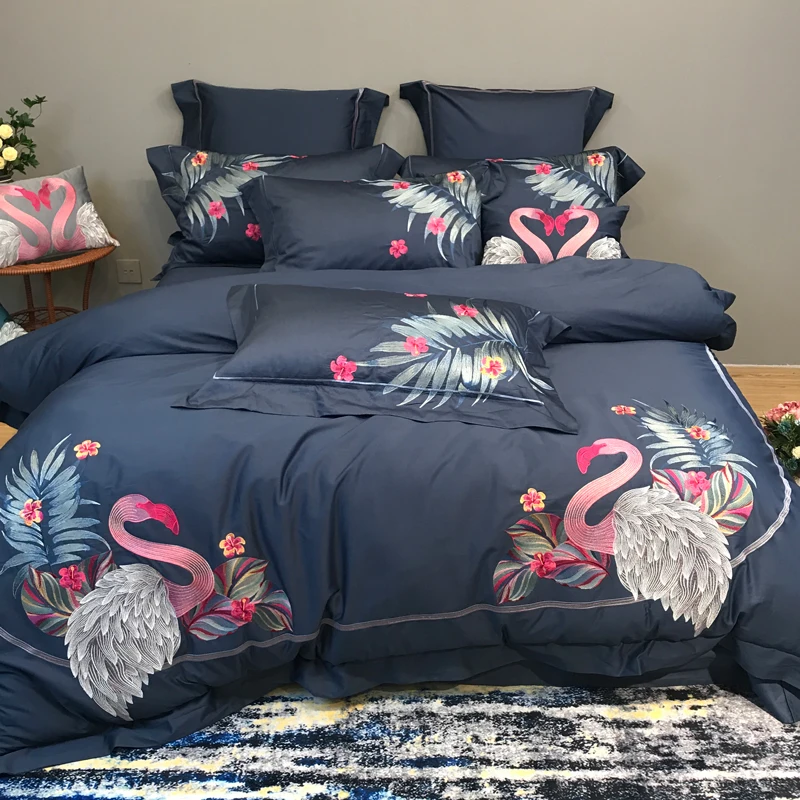 

Luxury Blue Swan 100S Egyptian cotton Embroidery Bedding sets Queen King Royal Duvet cover Bed sheet set Pillowcases 4/6pcs