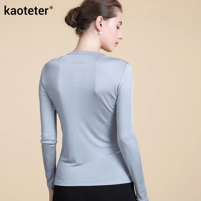 Женские повседневные футболки из чистого шелка облегающие с длинным рукавом