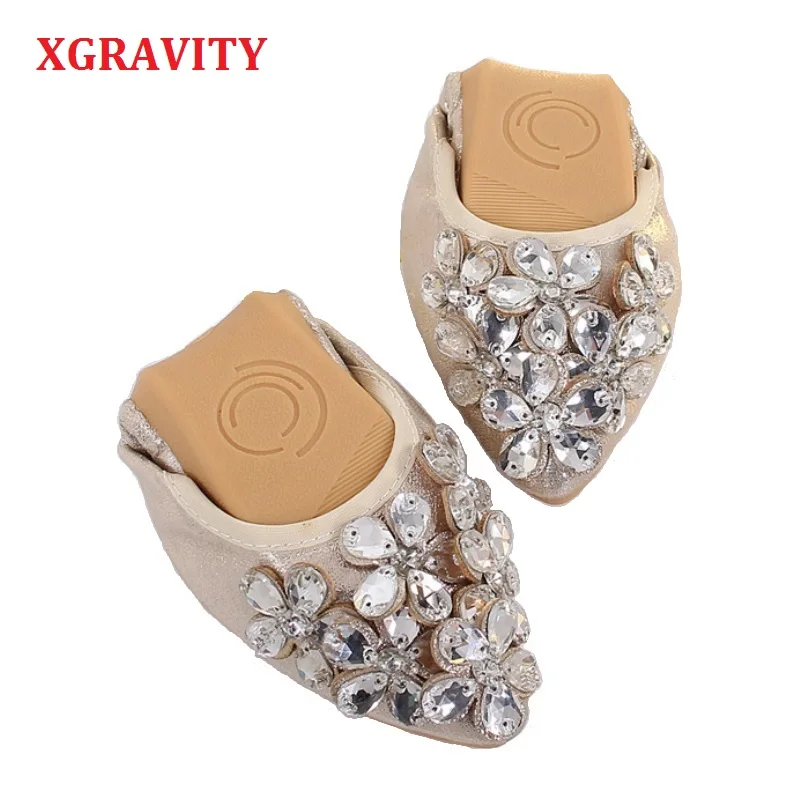 

XGRAVITY 2021 Crystal Flats Ballet Floral Flat Shoes Rhinestone Women Designed Girl Flower Pointed Toe Golden Shoes Loafers C287