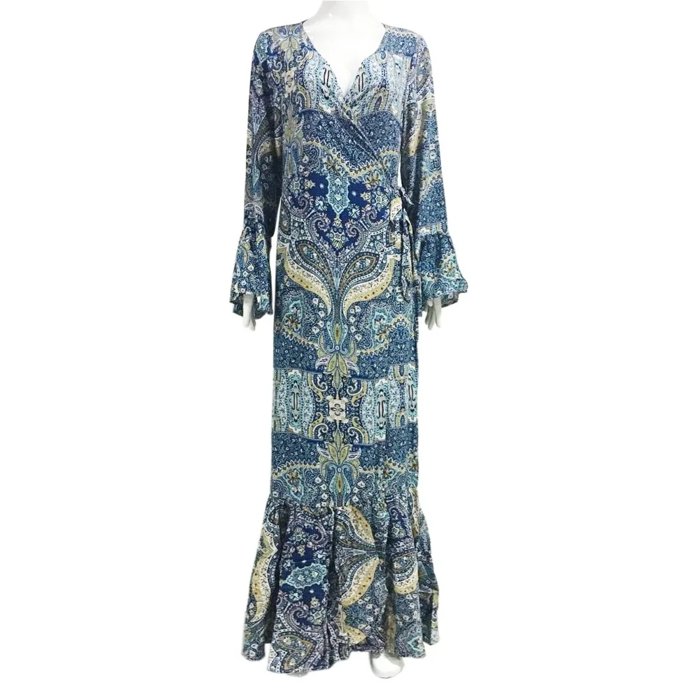 Женские винтажные платья с цветочным принтом длинным рукавом и глубоким