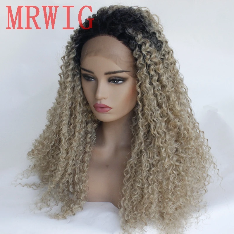 MRWIG короткие темные корни 1b#/27# смешанные#613 светлые волосы цвет длинные кудрявые вьющиеся синтетические волосы на кружеве парик