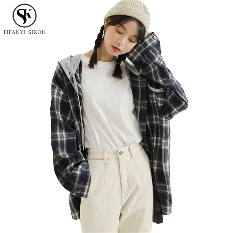 Womens Tops and Blouses Autumn Winter Vintage Plaid Long sleeve Shirt women Harajuku Hooded Shirts Plus size Female Blouse GP832 |