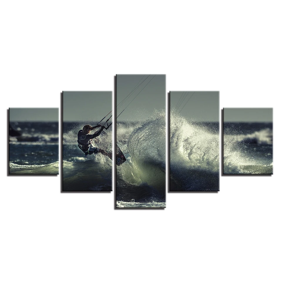 5 Pieces Surfing Seascape Pictures Surfer Waves Poster Canvas Paintings Wall Art Framework Home Decor For Living Room HD Prints | Дом и сад
