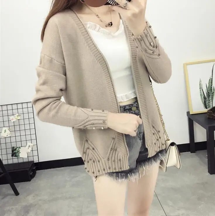 New Women Spring Autumn Sweater 2018 Cardigan Korean Slim Knit Outwear Coat Winter V Neck With Beading |