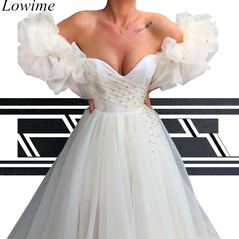 

Modest Ivory Arabic Prom Dresses A-Line Off-Shoulder Sweetheart Tulle Evening Prom Party Gowns Special Custom