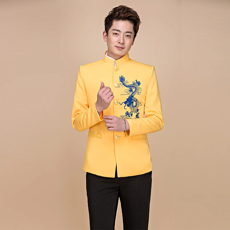 Black white yellow male suits mens chinese tunic suit set style stand collar men formal dress embroidery dragon | Мужская одежда