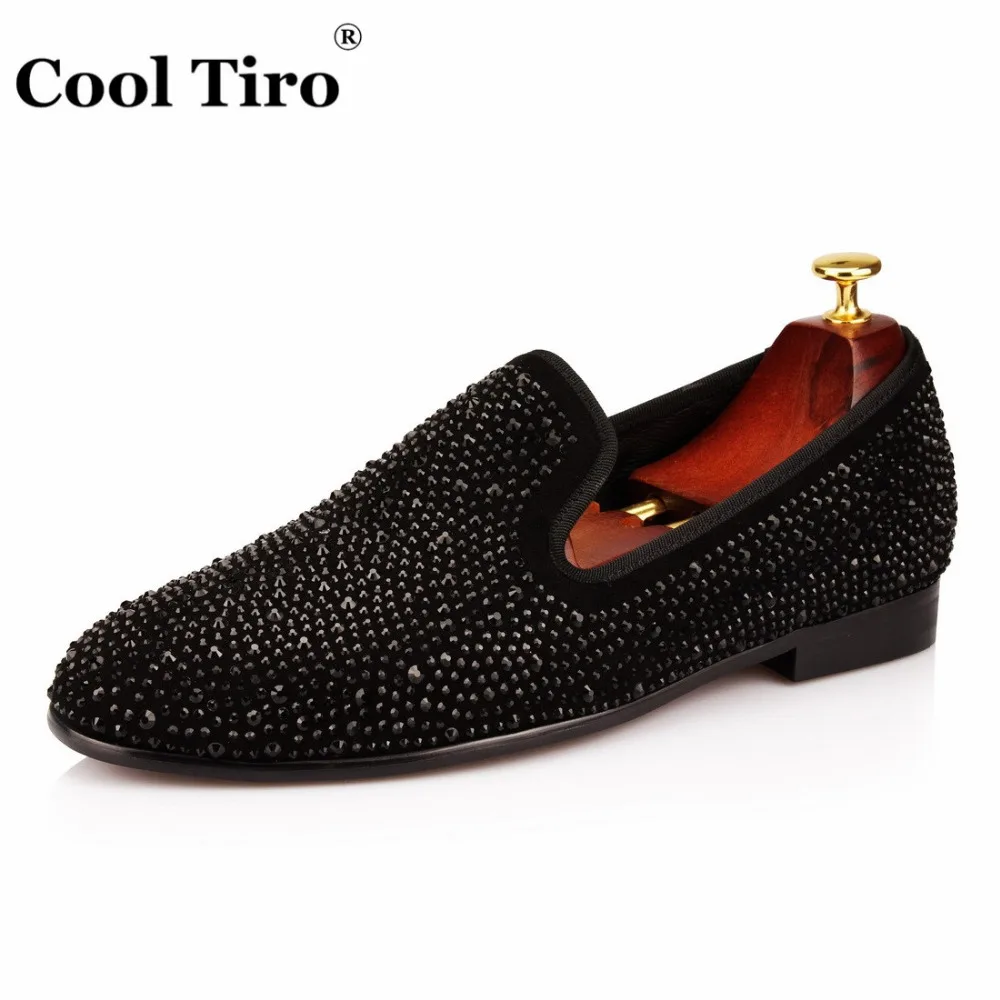 COOL TIRO Black Rhinestones Strass Loafers Men Moccasins SmokingSlippers Wedding Dress Shoes flats Casual Genuine Leather | Обувь