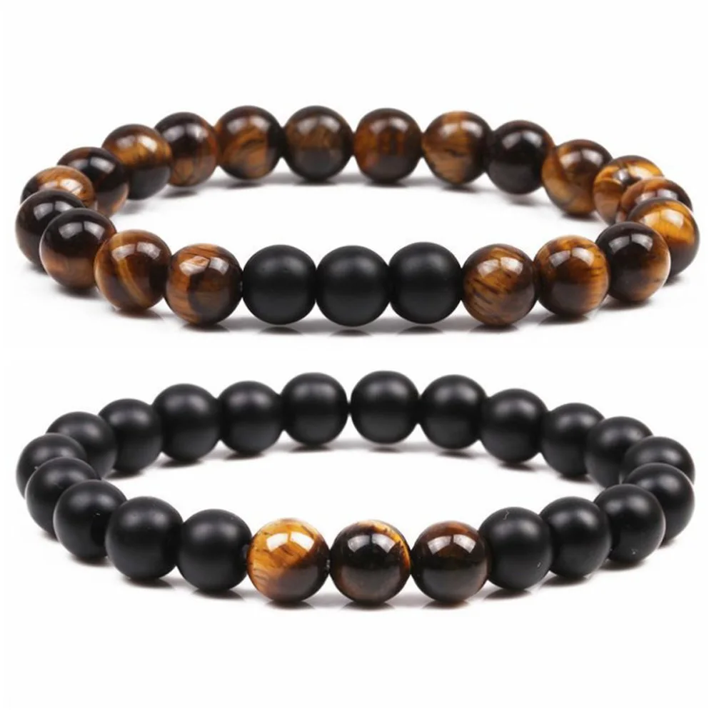 Tiger Eye Matte Onyx 2 шт. 8 мм пары расстояние Йога браслет браслеты камень из натуральной лавы 7 Чакра бисером браслеты с тигровым глазом для мужчин женщин молитва ювелирные изделия - Окраска металла: Tiger Eye Matte Onyx