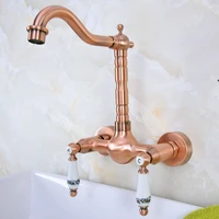 antique red copper brass bathroom kitchen sink faucet mixer tap swivel spout wall mounted dual ceramic levers handles mnf951