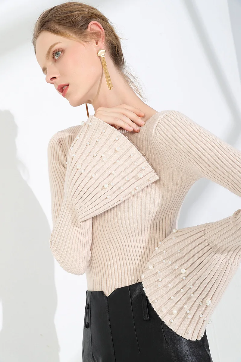 2018 New Winter Autumn Women Pullover Knitted Sweaters Flare Sleeve Slash NecK Pullovers Knitwear Bottom Slim Beading sweater | Женская