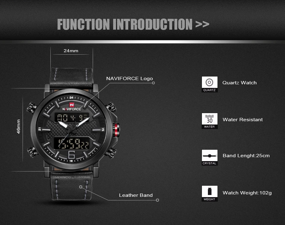 NAVIFORCE Новые мужские модные спортивные часы, мужские кожаные водонепроницаемые кварцевые часы, мужские Аналоговые часы с датой, светодиодный