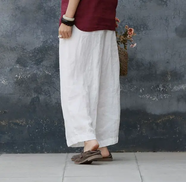 Free shipping summer new women's elastic waist loose solid color ramie breathable wide leg pants S143 | Женская одежда